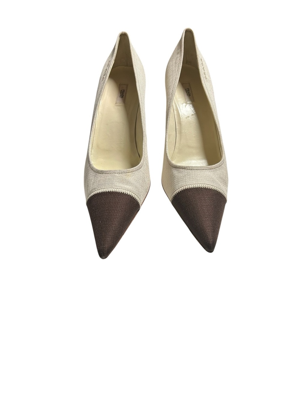 Prada Vintage Canvas Spectator Pumps Pointed Toe Beige Brown Heels 41 US 10.5 - Picture 5 of 12